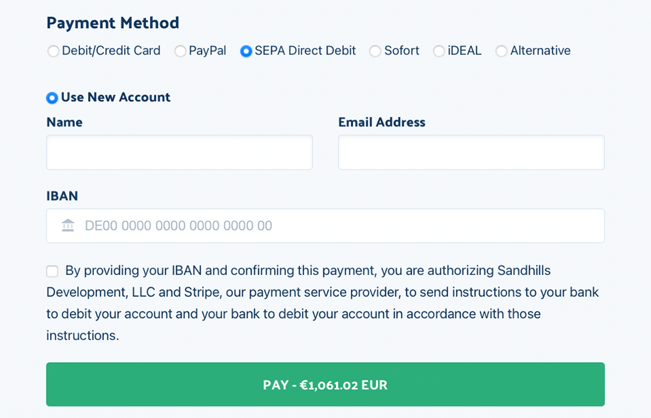 Screenshot - European payment options